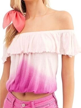 Free People Cora Lee Off the Shoulder Top in Begonia Pink Combo- NWT!